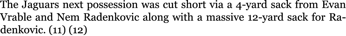 The Jaguars next possession was cut short via a 4-yard sack from Evan Vrable and Nem Radenkovic along with a massive ...