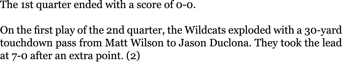 The 1st quarter ended with a score of 0-0. On the first play of the 2nd quarter, the Wildcats exploded with a 30-yard...