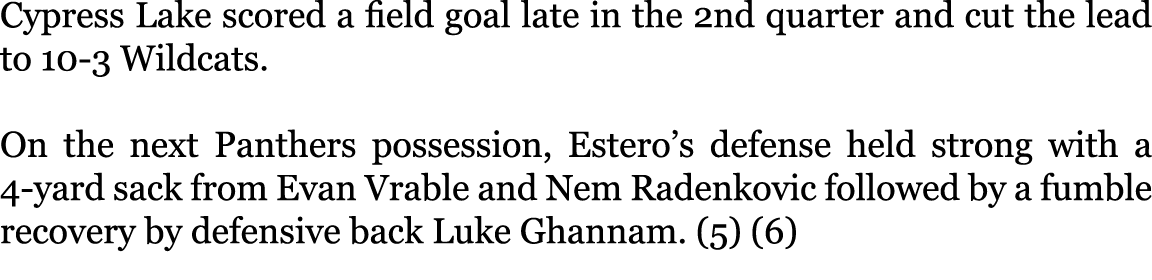 Cypress Lake scored a field goal late in the 2nd quarter and cut the lead to 10-3 Wildcats. On the next Panthers pos...