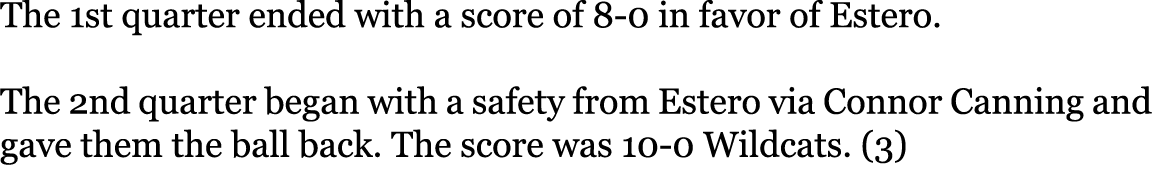 The 1st quarter ended with a score of 8-0 in favor of Estero. The 2nd quarter began with a safety from Estero via Co...