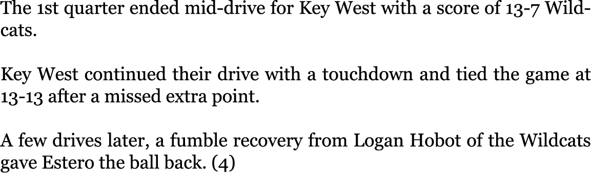 The 1st quarter ended mid-drive for Key West with a score of 13-7 Wildcats. Key West continued their drive with a to...