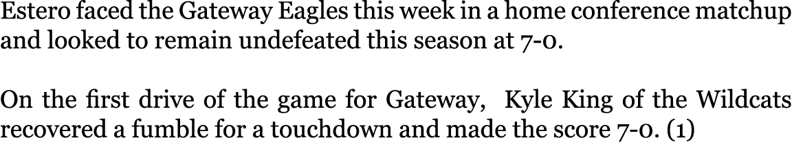 Estero faced the Gateway Eagles this week in a home conference matchup and looked to remain undefeated this season at...