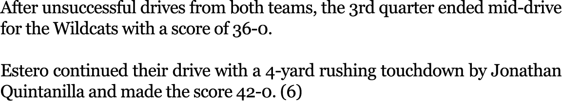 After unsuccessful drives from both teams, the 3rd quarter ended mid-drive for the Wildcats with a score of 36-0. Es...
