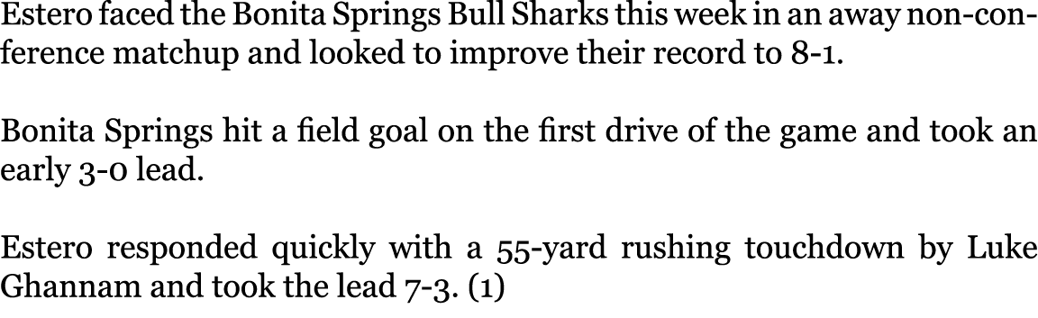 Estero faced the Bonita Springs Bull Sharks this week in an away non-conference matchup and looked to improve their r...