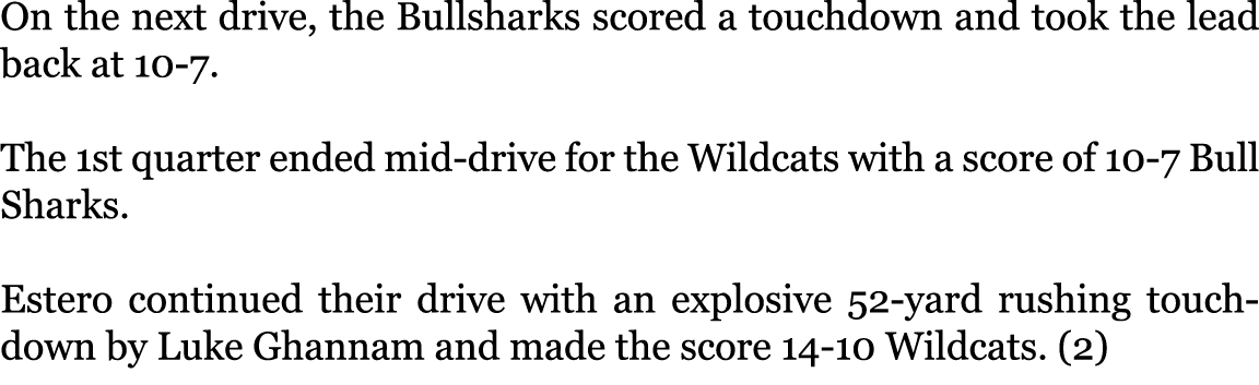 On the next drive, the Bullsharks scored a touchdown and took the lead back at 10-7. The 1st quarter ended mid-drive...