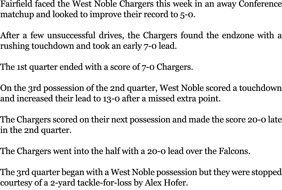 Fairfield faced the West Noble Chargers this week in an away Conference matchup and looked to improve their record to...