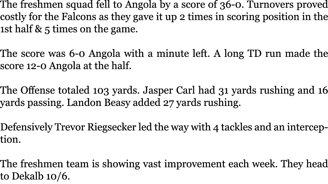 The freshmen squad fell to Angola by a score of 36-0. Turnovers proved costly for the Falcons as they gave it up 2 ti...