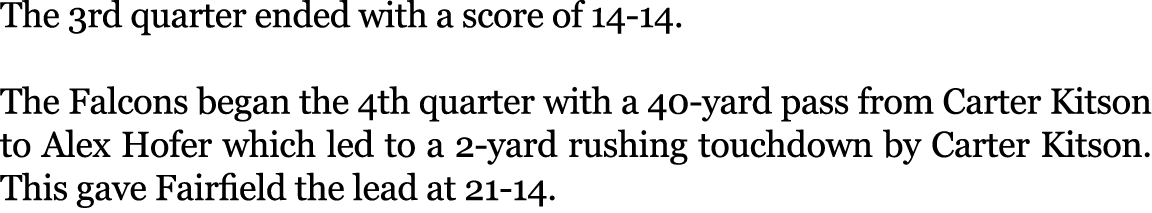 The 3rd quarter ended with a score of 14-14. The Falcons began the 4th quarter with a 40-yard pass from Carter Kitso...