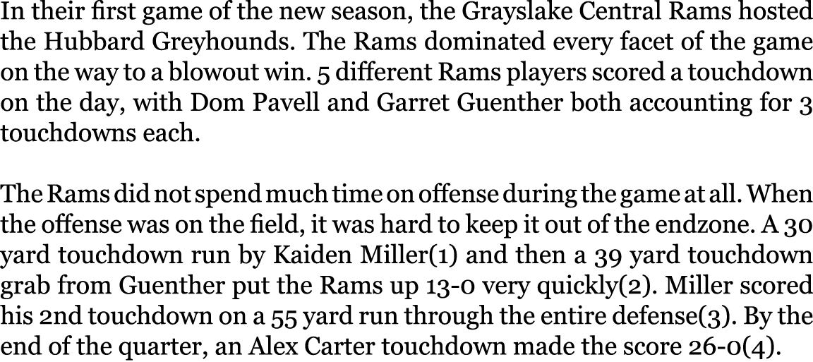 In their first game of the new season, the Grayslake Central Rams hosted the Hubbard Greyhounds. The Rams dominated e...