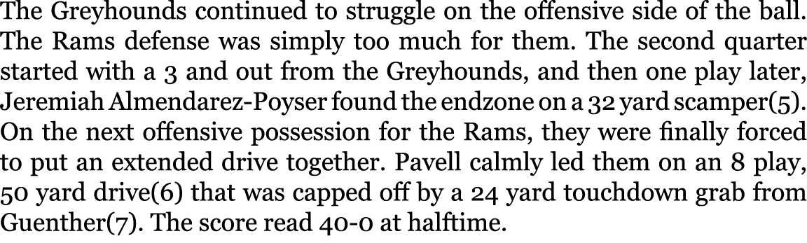 The Greyhounds continued to struggle on the offensive side of the ball. The Rams defense was simply too much for them...