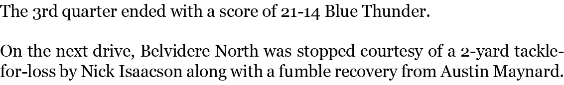 The 3rd quarter ended with a score of 21-14 Blue Thunder. On the next drive, Belvidere North was stopped courtesy of...