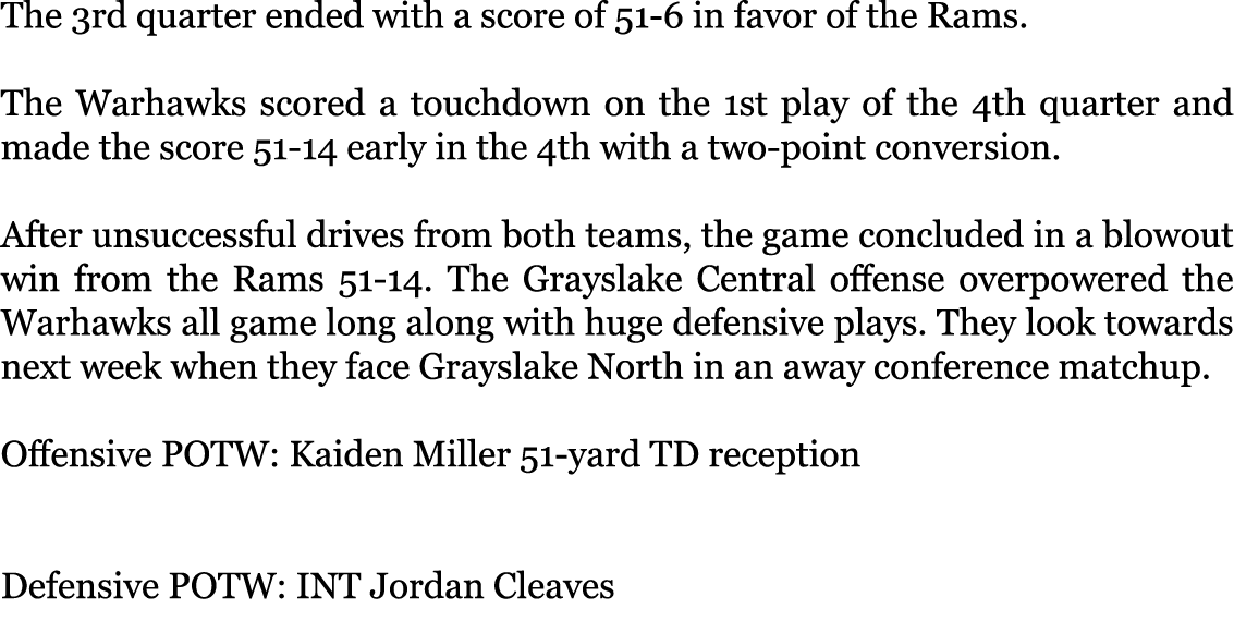 The 3rd quarter ended with a score of 51-6 in favor of the Rams. The Warhawks scored a touchdown on the 1st play of ...