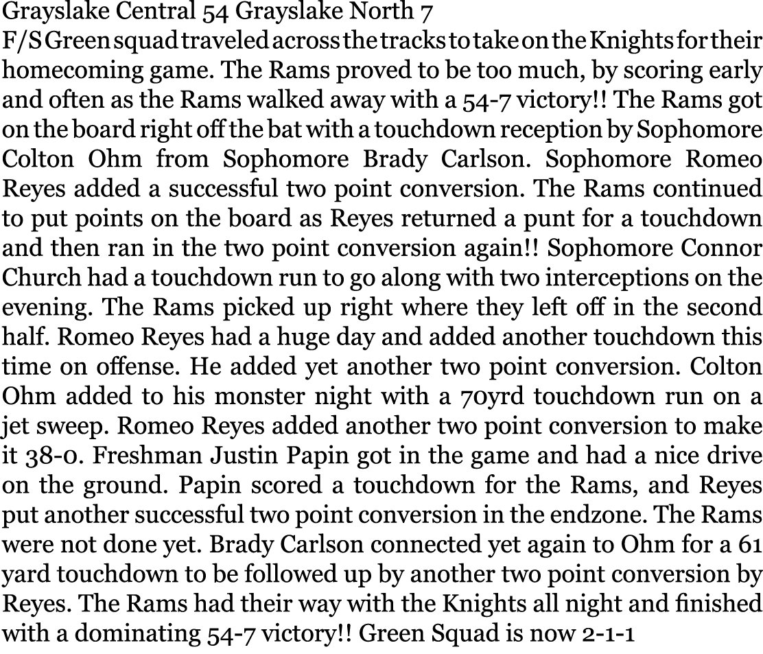 Grayslake Central 54 Grayslake North 7 F/S Green squad traveled across the tracks to take on the Knights for their ho...