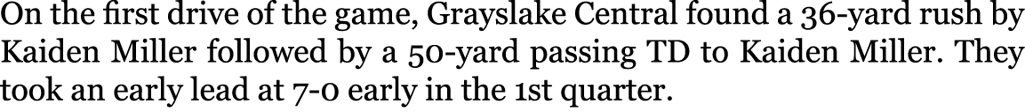 On the first drive of the game, Grayslake Central found a 36-yard rush by Kaiden Miller followed by a 50-yard passing...