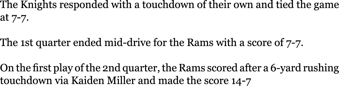 The Knights responded with a touchdown of their own and tied the game at 7-7. The 1st quarter ended mid-drive for th...