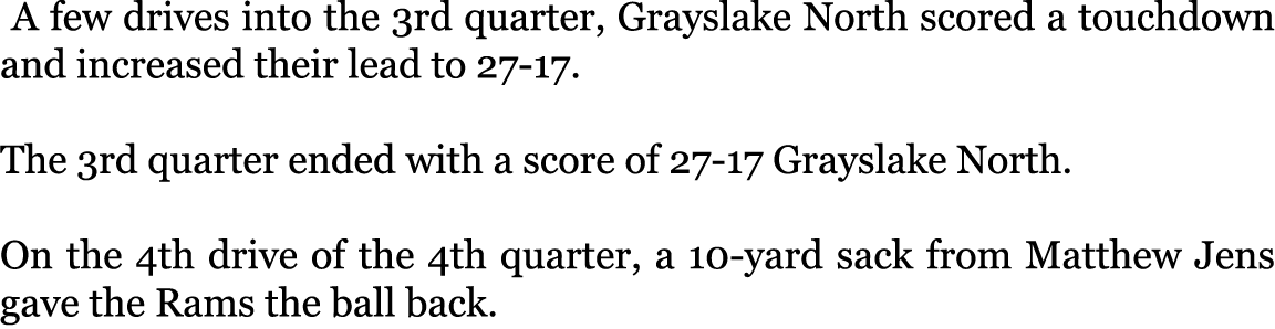  A few drives into the 3rd quarter, Grayslake North scored a touchdown and increased their lead to 27-17. The 3rd qu...