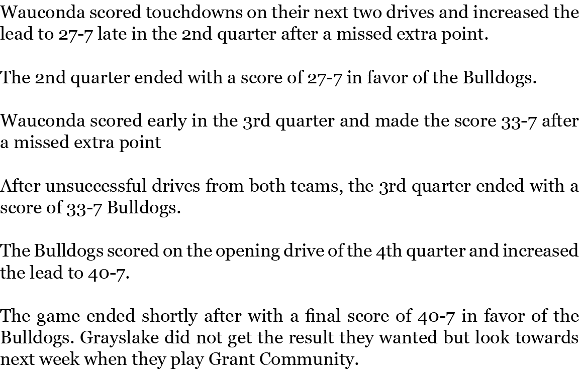 Wauconda scored touchdowns on their next two drives and increased the lead to 27-7 late in the 2nd quarter after a mi...