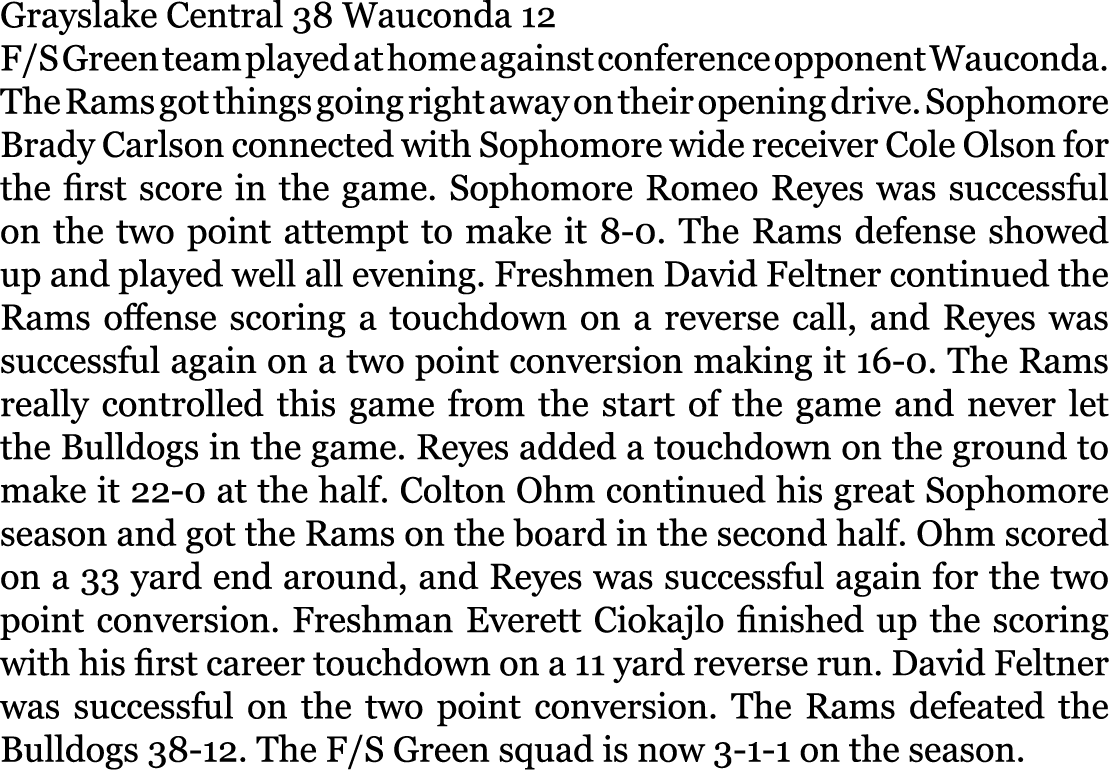 Grayslake Central 38 Wauconda 12 F/S Green team played at home against conference opponent Wauconda. The Rams got thi...