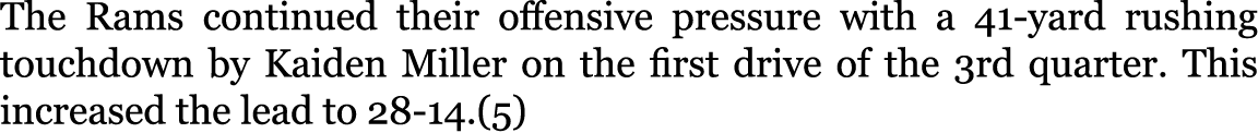 The Rams continued their offensive pressure with a 41-yard rushing touchdown by Kaiden Miller on the first drive of t...