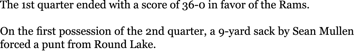 The 1st quarter ended with a score of 36-0 in favor of the Rams. On the first possession of the 2nd quarter, a 9-yar...