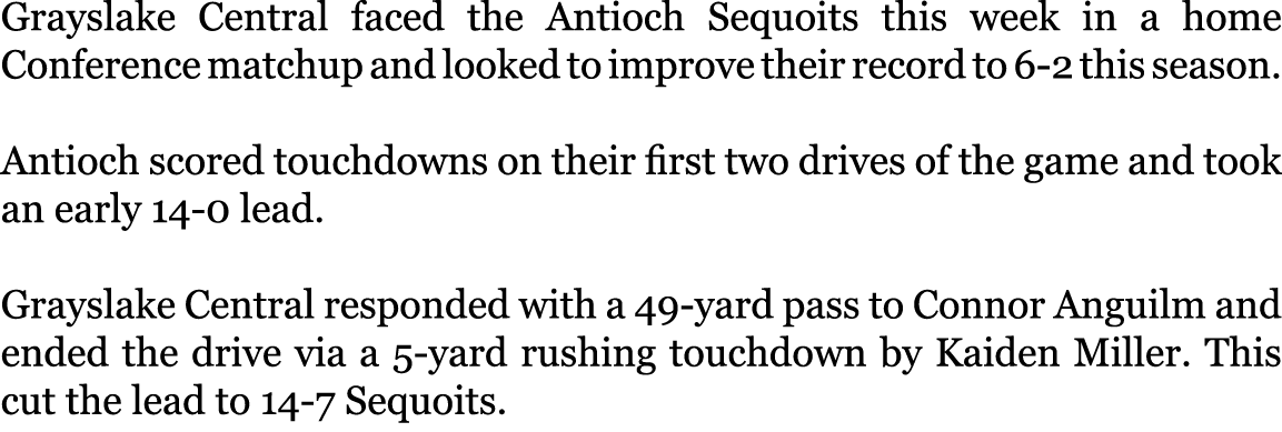 Grayslake Central faced the Antioch Sequoits this week in a home Conference matchup and looked to improve their recor...