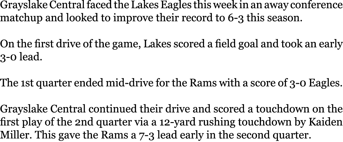 Grayslake Central faced the Lakes Eagles this week in an away conference matchup and looked to improve their record t...