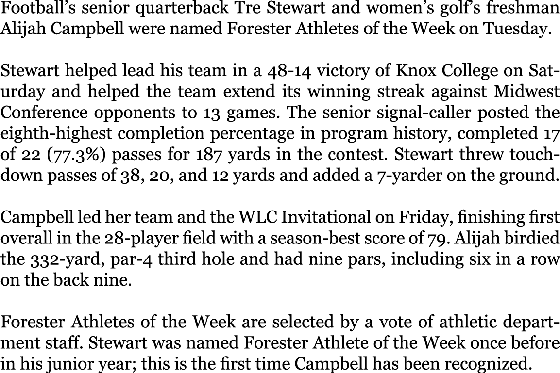 Football s senior quarterback Tre Stewart and women s golf s freshman Alijah Campbell were named Forester Athletes of   