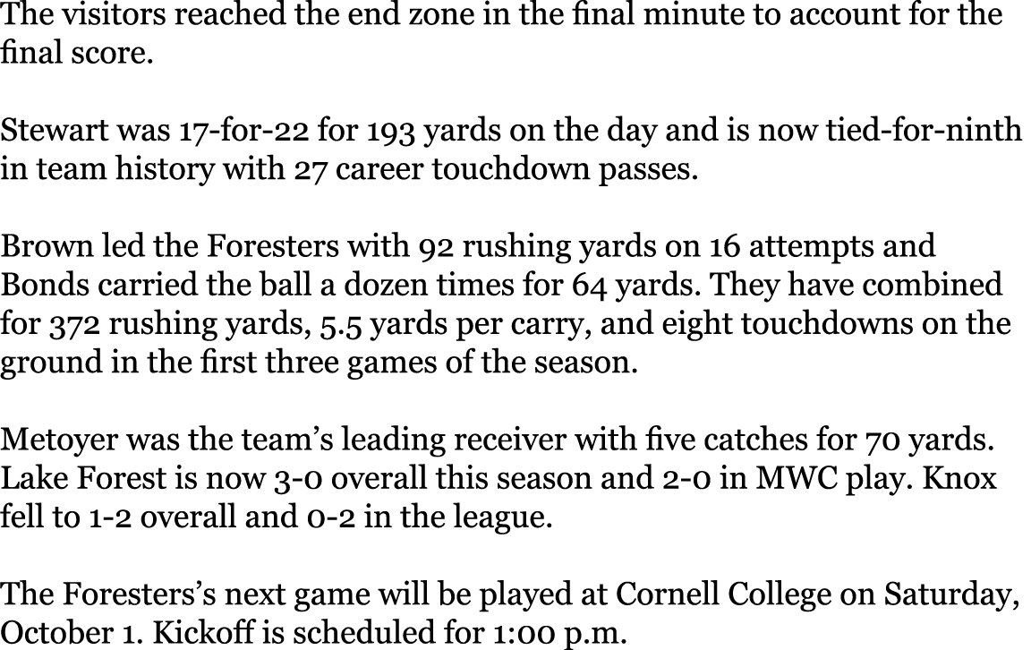 The visitors reached the end zone in the final minute to account for the final score  Stewart was 17-for-22 for 193 y   