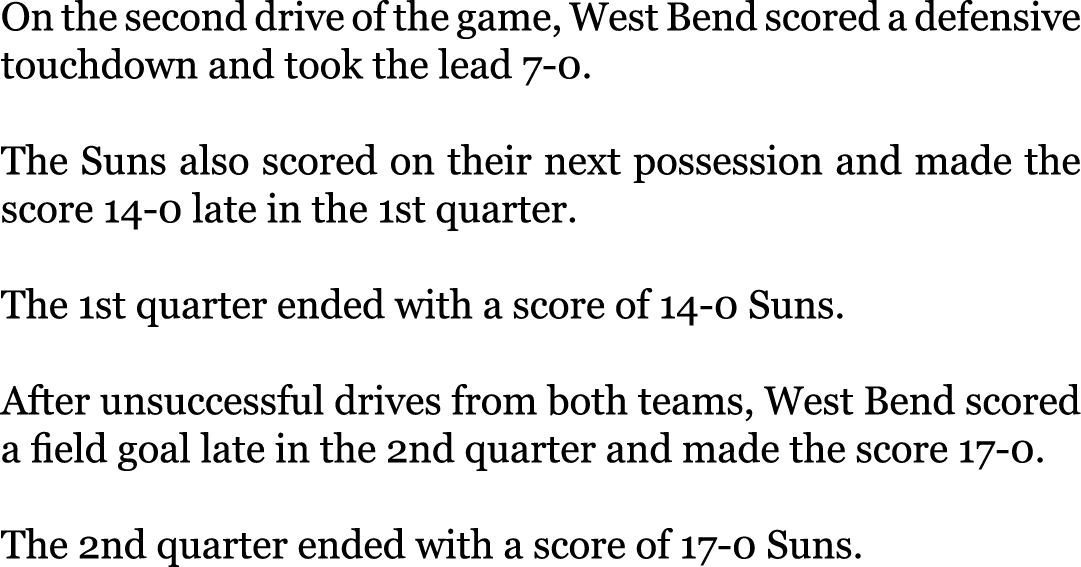 On the second drive of the game, West Bend scored a defensive touchdown and took the lead 7-0. The Suns also scored ...