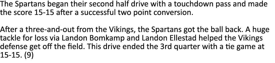 The Spartans began their second half drive with a touchdown pass and made the score 15-15 after a successful two poin...