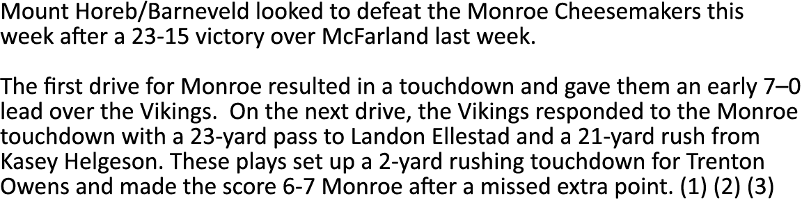 Mount Horeb/Barneveld looked to defeat the Monroe Cheesemakers this week after a 23-15 victory over McFarland last we...