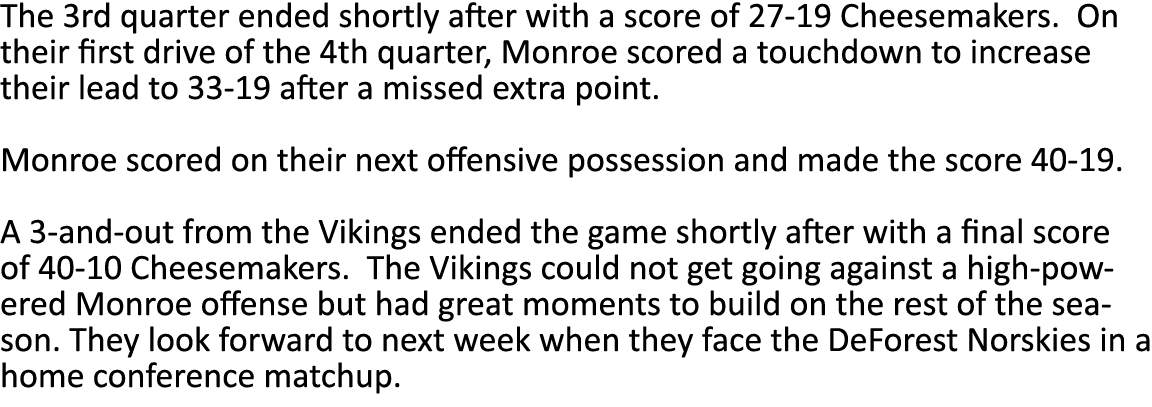 The 3rd quarter ended shortly after with a score of 27-19 Cheesemakers. On their first drive of the 4th quarter, Monr...
