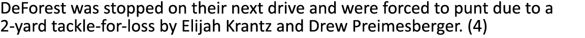 DeForest was stopped on their next drive and were forced to punt due to a 2-yard tackle-for-loss by Elijah Krantz and...