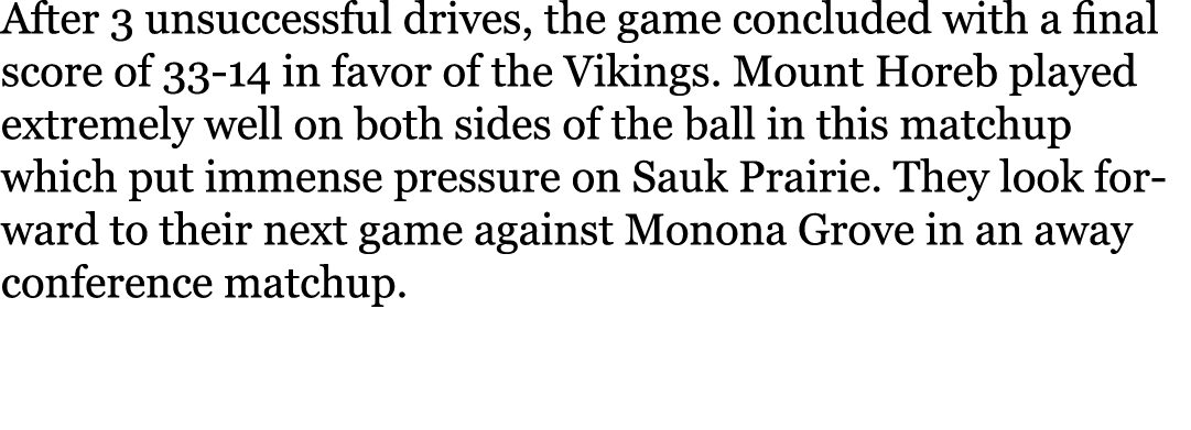 After 3 unsuccessful drives, the game concluded with a final score of 33-14 in favor of the Vikings. Mount Horeb play...
