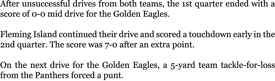 After unsuccessful drives from both teams, the 1st quarter ended with a score of 0-0 mid drive for the Golden Eagles....