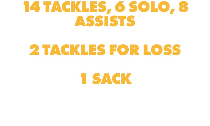 14 tackles, 6 solo, 8   assists 2 tackles for loss 1 sack 