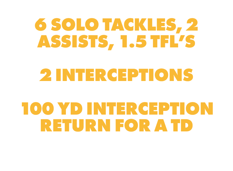  6 SOLO TACKLES, 2 ASSISTS, 1.5 TFL’S 2 INTERCEPTIONS 100 YD INTERCEPTION RETURN FOR A TD