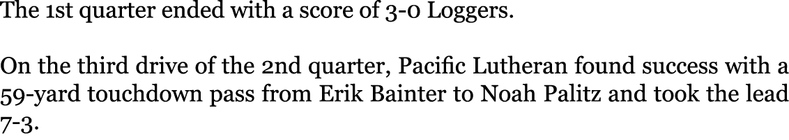 The 1st quarter ended with a score of 3-0 Loggers. On the third drive of the 2nd quarter, Pacific Lutheran found suc...