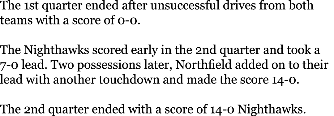The 1st quarter ended after unsuccessful drives from both teams with a score of 0-0. The Nighthawks scored early in t...