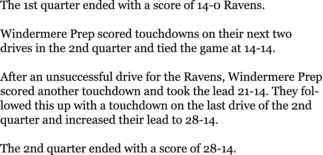 The 1st quarter ended with a score of 14-0 Ravens. Windermere Prep scored touchdowns on their next two drives in the...