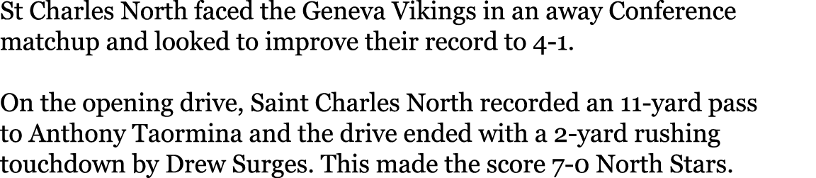 St Charles North faced the Geneva Vikings in an away Conference matchup and looked to improve their record to 4-1  On   