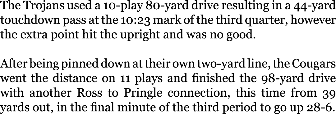 The Trojans used a 10-play 80-yard drive resulting in a 44-yard touchdown pass at the 10:23 mark of the third quarter...
