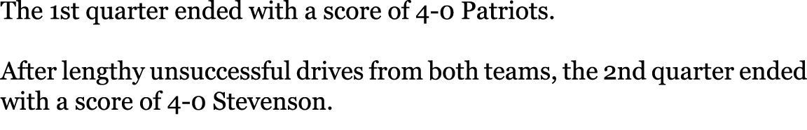 The 1st quarter ended with a score of 4-0 Patriots. After lengthy unsuccessful drives from both teams, the 2nd quart...