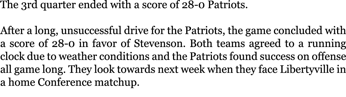 The 3rd quarter ended with a score of 28-0 Patriots. After a long, unsuccessful drive for the Patriots, the game con...