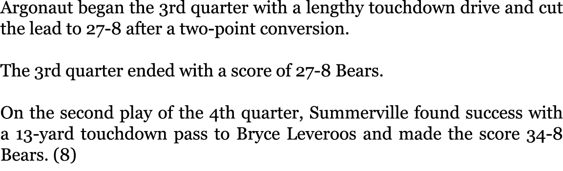 Argonaut began the 3rd quarter with a lengthy touchdown drive and cut the lead to 27-8 after a two-point conversion. ...