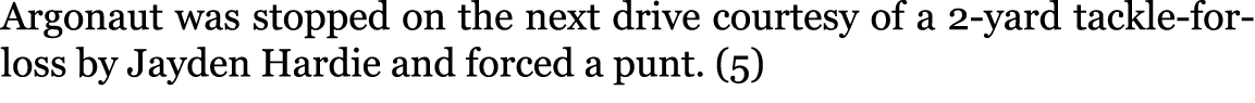 Argonaut was stopped on the next drive courtesy of a 2-yard tackle-for-loss by Jayden Hardie and forced a punt. (5) 