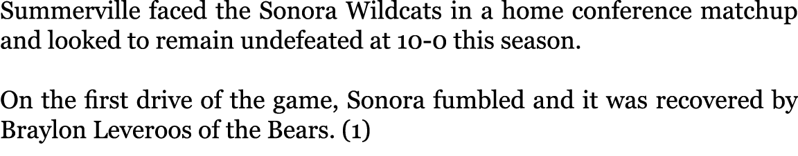 Summerville faced the Sonora Wildcats in a home conference matchup and looked to remain undefeated at 10-0 this seaso...