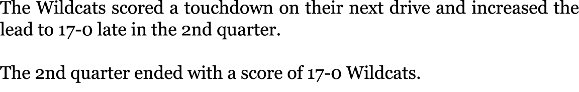 The Wildcats scored a touchdown on their next drive and increased the lead to 17-0 late in the 2nd quarter. The 2nd ...