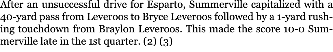 After an unsuccessful drive for Esparto, Summerville capitalized with a 40-yard pass from Leveroos to Bryce Leveroos ...