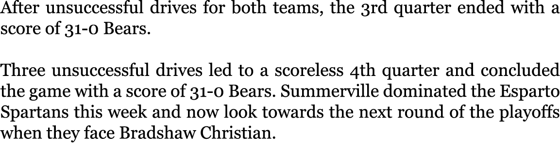 After unsuccessful drives for both teams, the 3rd quarter ended with a score of 31-0 Bears. Three unsuccessful drives...